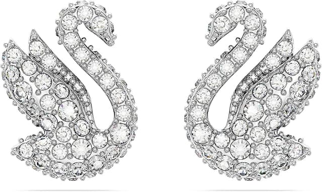 Detalle de Swarovski Iconic Swan pendientes botón blancos rodio