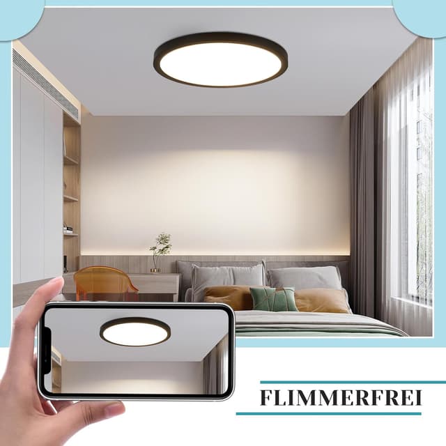 Detalle 2 de ZMH Deckenlampe LED fürs Badezimmer, flach (Ø 30 cm), 24 W, 3000 K, IP44, schwarz