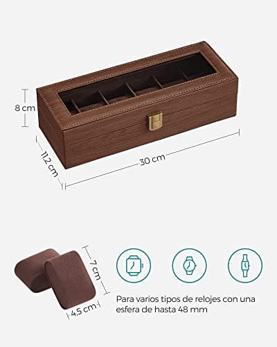 Detalle de SONGMICS JWB006K01: caja para 6 relojes con tapa de cristal y cojín extraíble