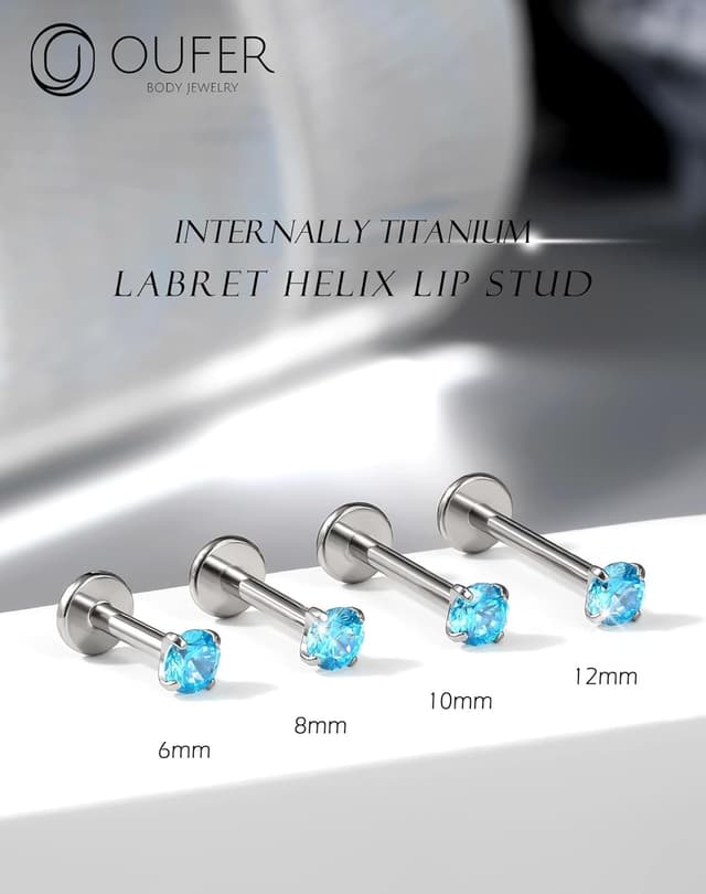 Detalle 2 de OUFER Labret Titanium 16G Aqua CZ 6–12mm