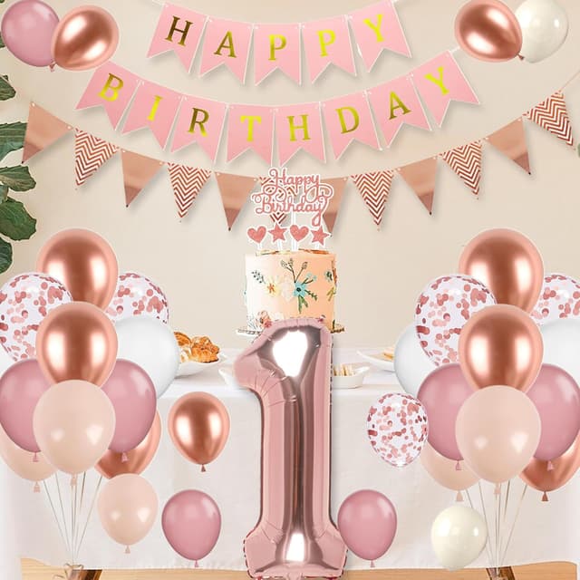 Detalle de 1. Geburtstag Deko-Set Roségold (Zahl 1 Luftballon) von VUCDXOP – Party-Deko für Mädchen zum 1. Jahr