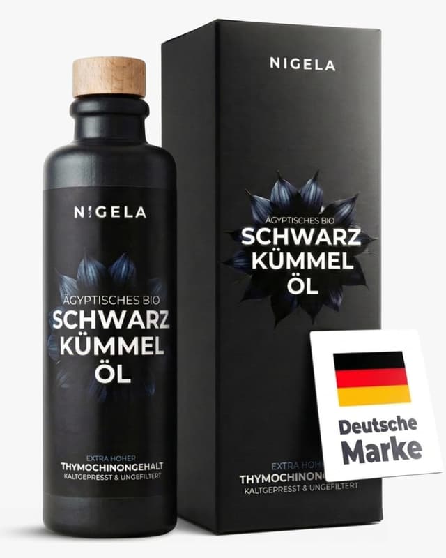 Detalle de Nigela BIO Schwarzkümmelöl ungefiltert (200 ml) – ägyptisches Schwarzkümmelöl mit hohem Thymochinongehalt