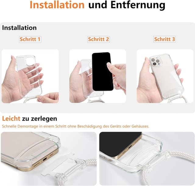 Detalle de OLEPHY Handykette mit Band für iPhone 16 Pro Max Hülle (verstellbar, abnehmbar) – transparente Case mit Kordel zum Umhängen, schwarz
