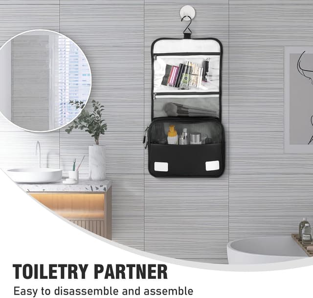 Thumbnail 6 de Hängender Kulturbeutel mit Haken (schwarz) – Kulturbeutel zum Aufhängen, 25 x 20 x 9 cm, 4 Fächer