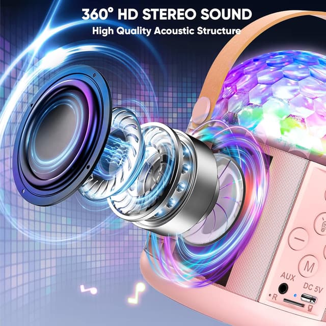 Detalle de Dislocati mini karaoke machine for girls with 2 rechargeable microphones, LED disco lights & Bluetooth streaming