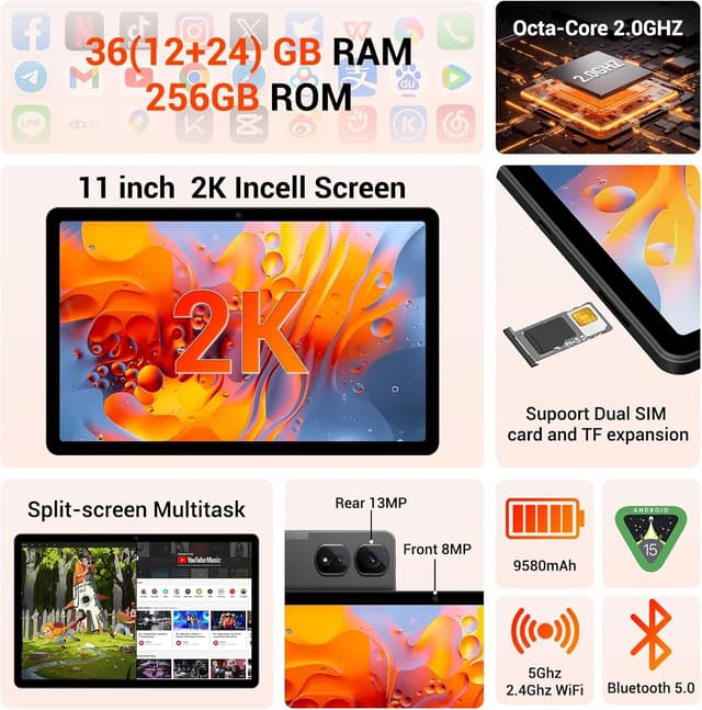 Detalle de MAXLEGEN Tablet 11 Zoll (2K FHD, 36GB RAM, 256GB/1TB microSD, 4G LTE Dual SIM) mit Android 15