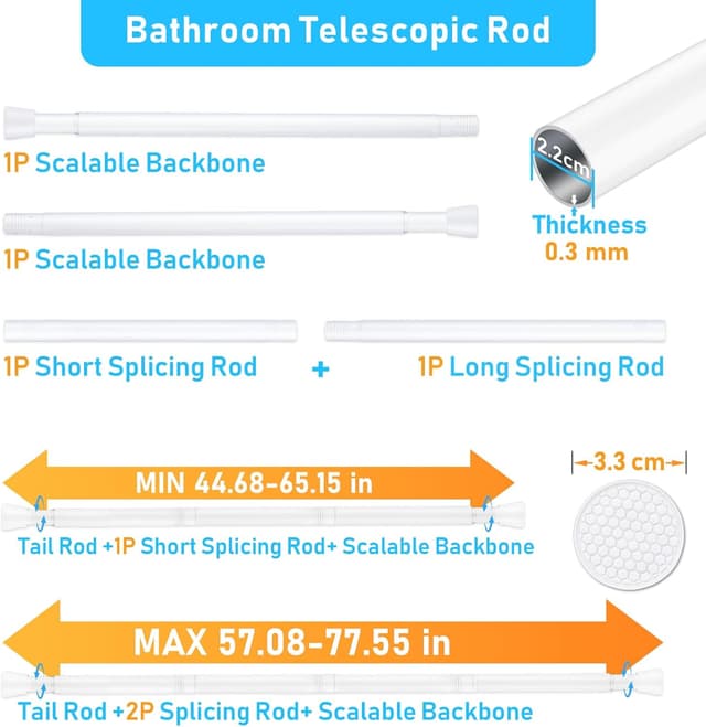 Detalle 2 de MEXAU Adjustable Shower Curtain Rod (45–77 inch) — White Tension Rod, No-Drill Fit