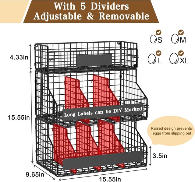 Detalle de keomaisyto 3-Tier Countertop Egg Holder with 5 Dividers, Stackable Wire Baskets & DIY Nameplate (Wall-Mounted)