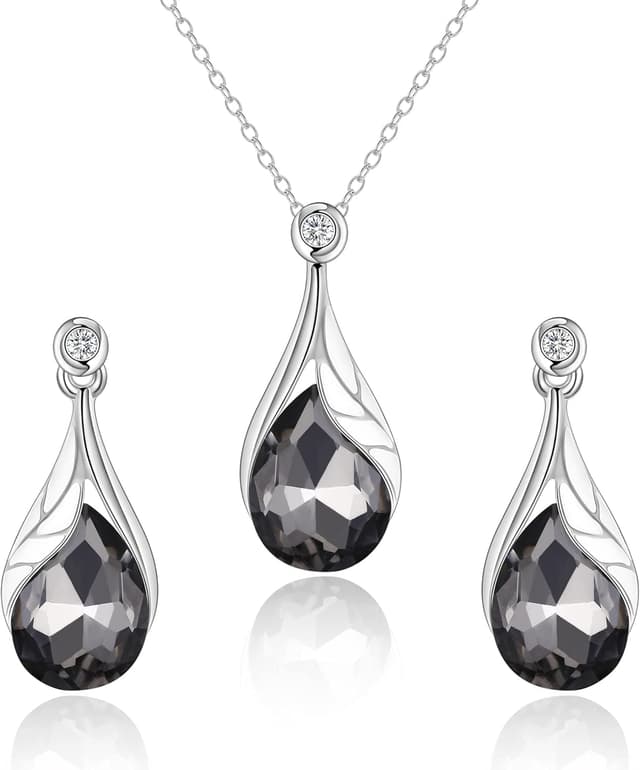 Detalle de Parure bijoux de mariage Clearine : collier goutte d’eau, boucles d’oreilles feuille, émail, cristal autrichien et strass