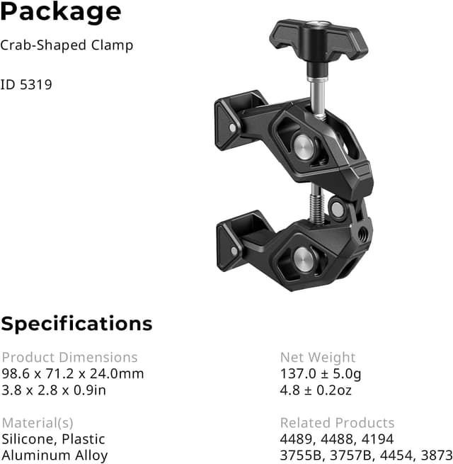 Detalle de SMALLRIG 5319 : pince de montage en forme de crabe pour appareil photo (surfaces plates ou rondes)