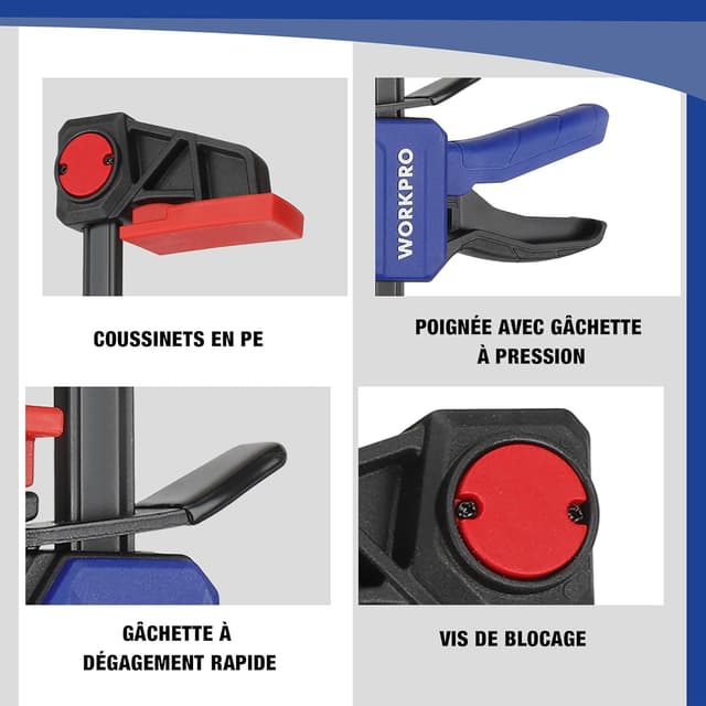 Detalle 2 de WORKPRO lot de 2 serre-joints à une main acier et nylon — ouverture jusqu’à 305 mm