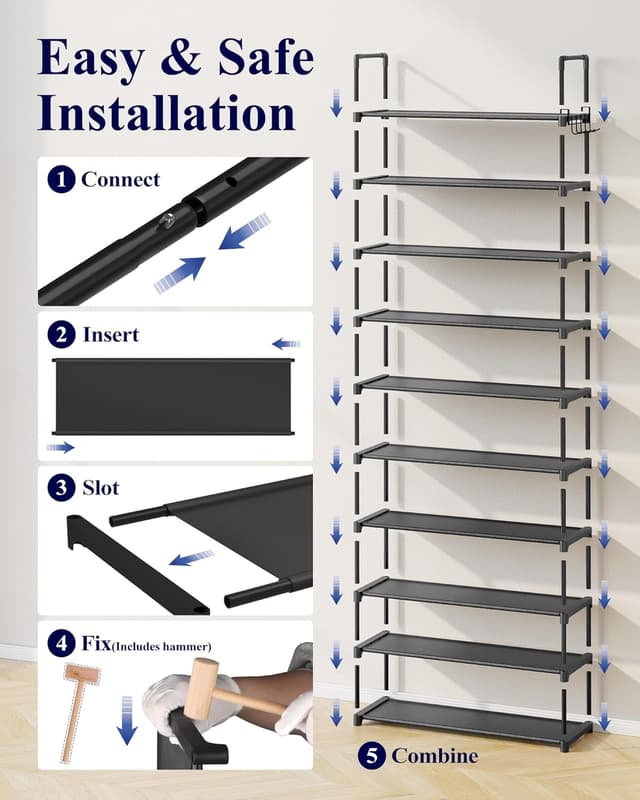 Thumbnail 6 de Kitsure 10-Tier Shoe Rack for Closet with Hook Rack (Black) — Space-Saving Shoe Organizer