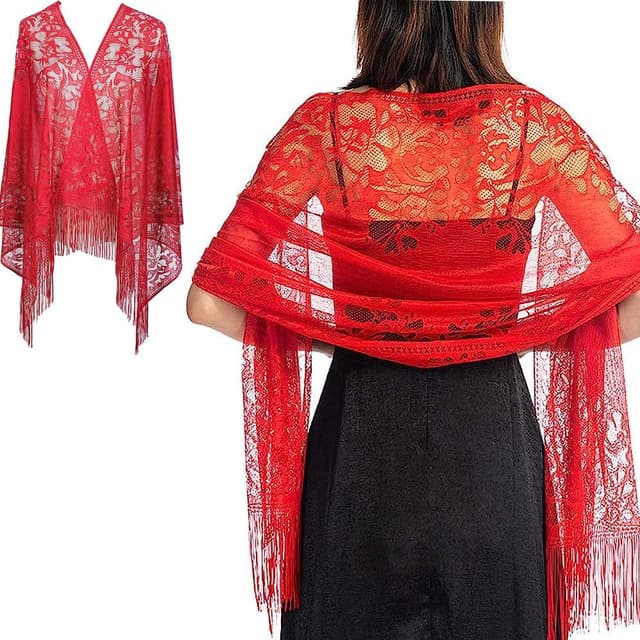 Detalle de RY-EARL femme écharpe en dentelle crochet avec franges 185 × 65 cm (avec gland) pour cérémonies