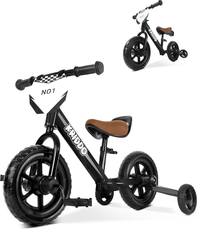 Detalle de KRIDDO 2-in-1 Kids Tricycle and Toddler Balance Bike (18 Months–3 Years) with Detachable Pedals and Stowable Training Wheels, Black