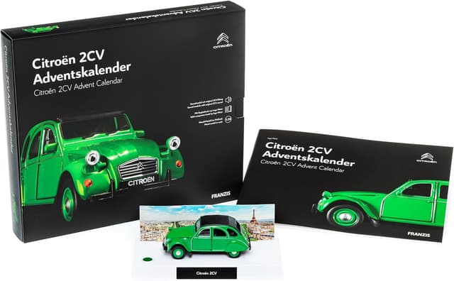 Detalle de Franzis 55154 Citroën 2CV Adventskalender grün – Metall-Modellbausatz im Maßstab 1:38 inkl. Soundmodul & Begleitbuch