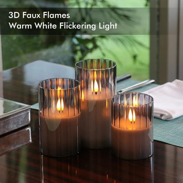 Detalle 2 de Rhytsing Smoked Ribbed Glass Battery Operated LED Candles with Remote Timer Gift Set (Set of 3)