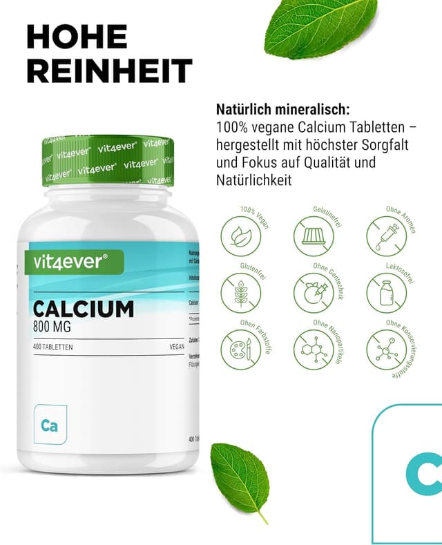 Detalle de vit4ever Calcium 400 Tabletten mit 800 mg elementarem Calcium (Calciumcarbonat) pro Tagesportion – vegan