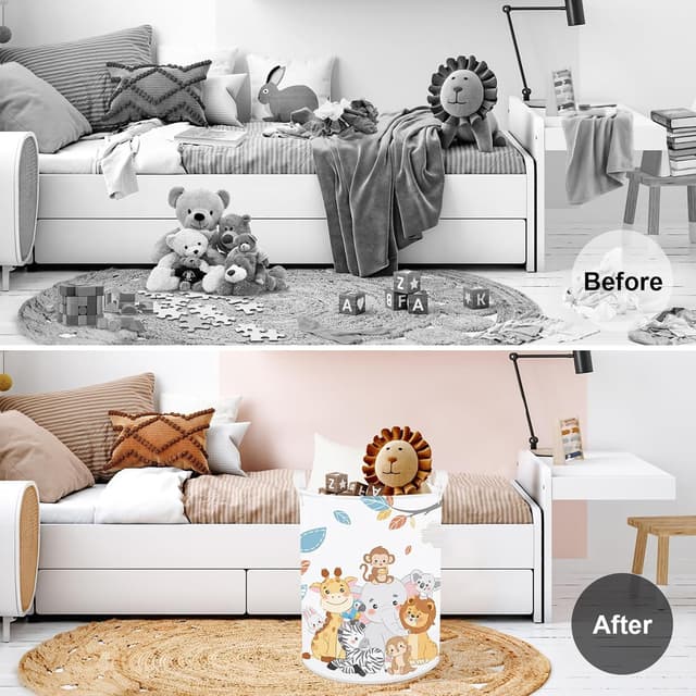 Detalle de Clastyle Tier Kinder Wäschekorb mit Henkel, faltbar – Löwe, Elefant, Koala & Sterne, 36x45 cm