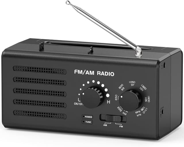Detalle de Radio portable AM/FM noire avec réception améliorée, haut-parleur intégré, prise casque et USB