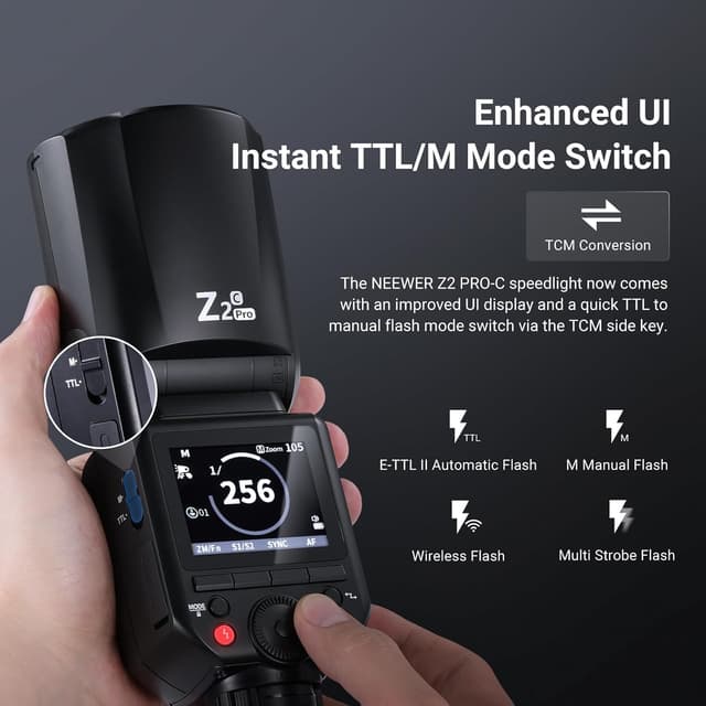 Detalle 2 de NEEWER Z2PRO-C 2.4G TTL Round Head Speedlite for Canon with Wireless Control, HSS 1/8000s and TCM Switch