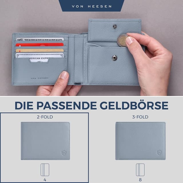 Detalle de VON HEESEN Leder-Geldbörse mit RFID-Schutz (Hellblau) – Echtleder Wallet für Damen & Herren
