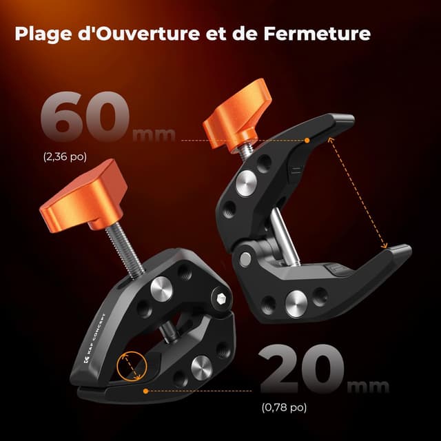 Detalle de K&F CONCEPT Twin-Pack Super Clamp avec pas de 1/4" – ouverture max. 60 mm