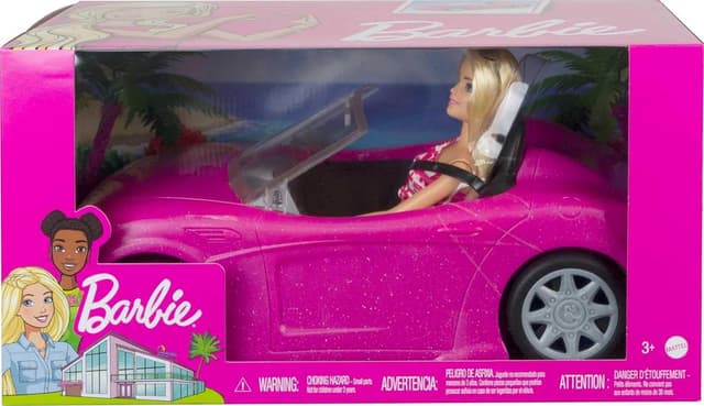 Detalle 2 de Barbie DJR55 sparkly pink 2-seater convertible car playset with fashion doll