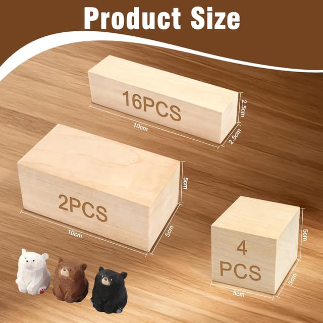 Detalle de Schnitzholz Linde 22er-Pack Holzklötzchen (3 Größen) zum Schnitzen & Basteln