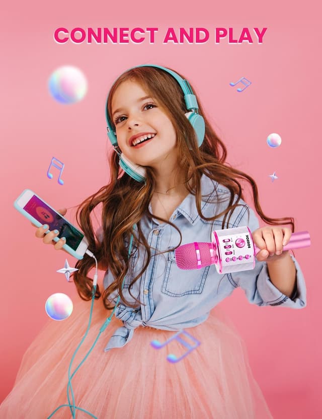 Detalle de BONAOK Karaoke-Mikrofon 3-in-1: kabelloses Bluetooth-Mikrofon mit Lautsprecher (Hellrosa)