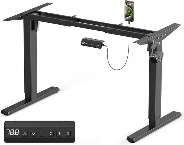 Detalle de VOSATRON elektrisch höhenverstellbares Tischgestell mit 2 Motoren, USB-C & Memory-Steuerung (schwarz)