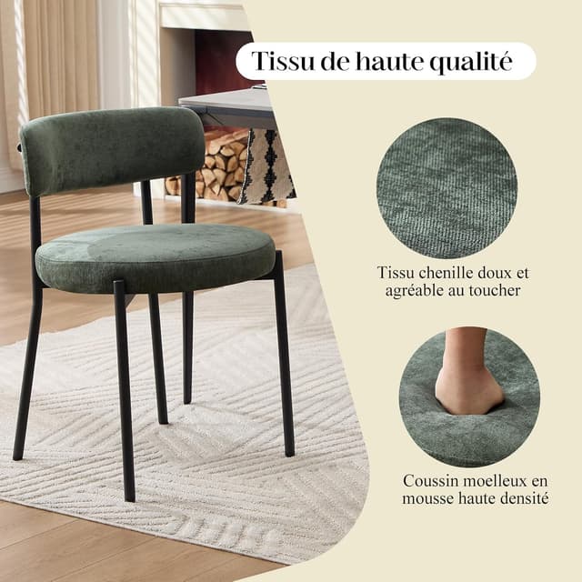 Detalle de Lot de 4 chaises de salle à manger Orirsnug en velours vert avec dossier incurvé et pieds métal noirs