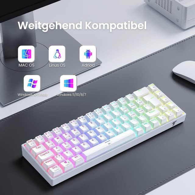 Detalle de TECURS Gaming-Tastatur mechanisch 65% QWERTZ (DE) – kabellos per Bluetooth/2,4 GHz oder mit Kabel, RGB, rote Schalter