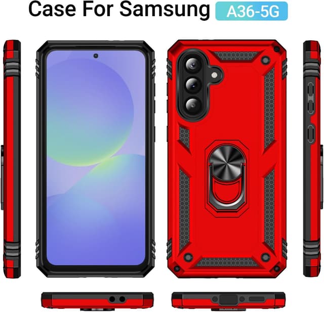 Detalle 2 de Aozuoton case for Samsung Galaxy A36 5G with 360° rotatable kickstand and HD screen protector (shockproof, heavy duty) – Red
