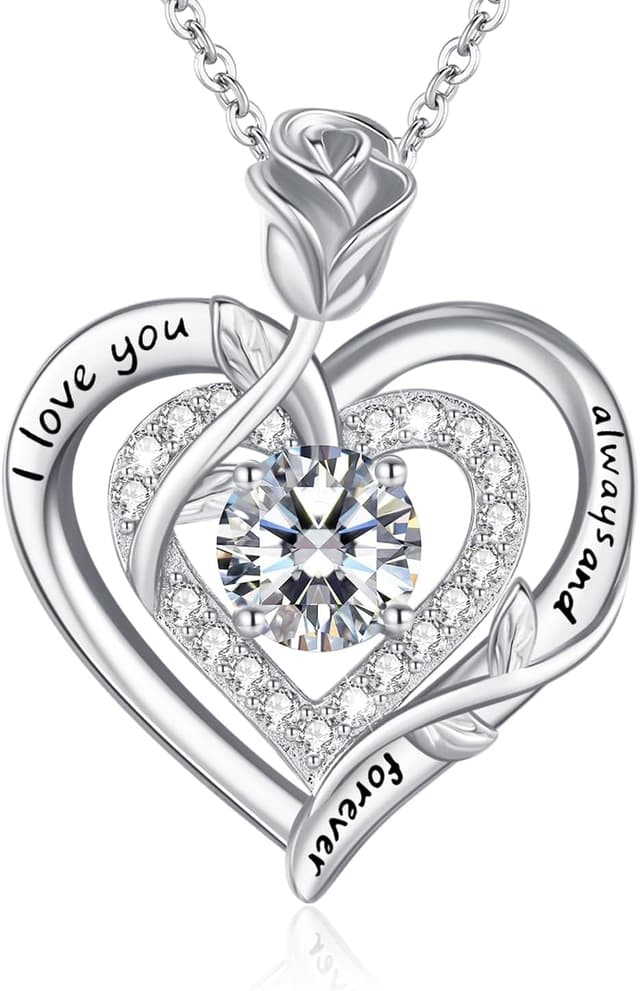 Detalle de LAVUMO Moissanite Halskette Damen aus 925 Sterling Silber mit Doppel-Herz Rosen-Anhänger