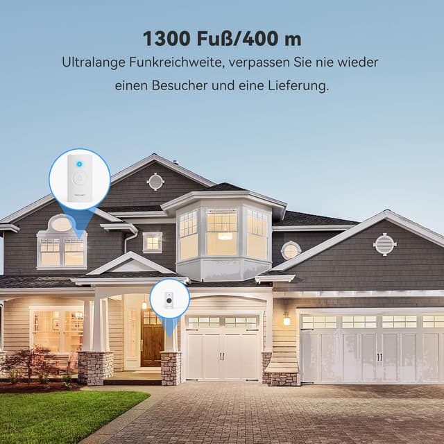 Detalle 2 de TECKNET Funkklingel mit 400 m Reichweite, IP67, 2 Empfängern und 60 Melodien (weiß)