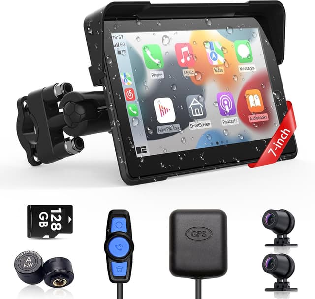 Detalle de Wireless Motorcycle CarPlay & Android Auto GPS (7-Inch Touchscreen) with AHD Dual Cam, Siri/Google Assistant, Looping, GPS, TMPS, IP69K