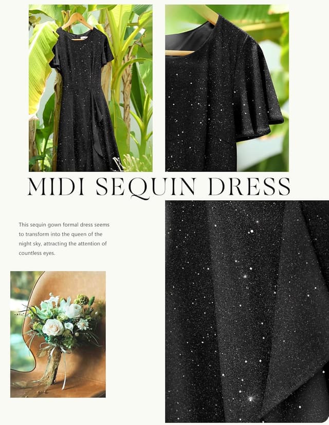 Thumbnail 6 de BeryLove Women Sequin Formal Party Dress with Flutter Short Sleeves