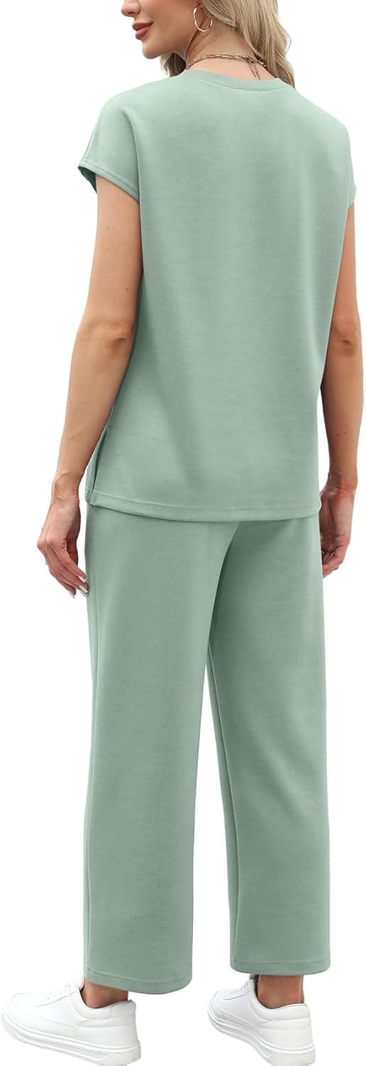 Detalle de WIHOLL Women’s Two-Piece Cap Sleeve Set with Wide-Leg Cropped Pants (S–3XL)