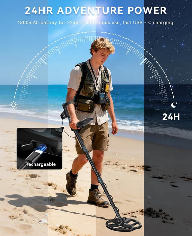 Detalle de SUNPOW Professional Rechargeable Metal Detector for Adults (11" Dual-D Coil, USB-C Fast Charge, IP68)