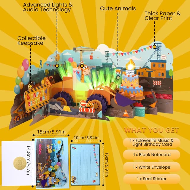 Detalle 2 de Musical Birthday Card for Kids: 3D Bulldozer Pop-up with Lights, Sounds & Blowable Candle