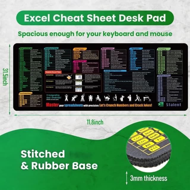 Detalle de Zoolyx Excel Cheat Sheet Desk Mat (XL 80x30cm) – Extended mouse pad with non-slip base
