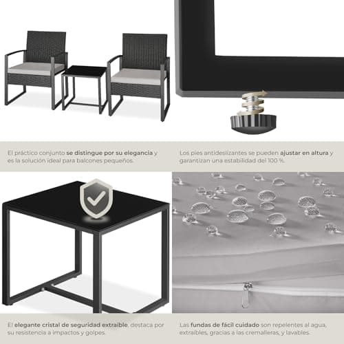 Detalle de tectake TecTake conjunto de jardín exterior para 2 personas con 2 sillas de ratán y mesa con tablero de vidrio