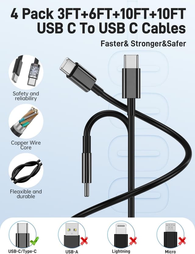 Detalle de Super Fast Samsung Type-C Charger 2-Pack (45W Dual Port) + 4 USB-C to USB-C Cables (60W) with Long 3/6/10/10FT