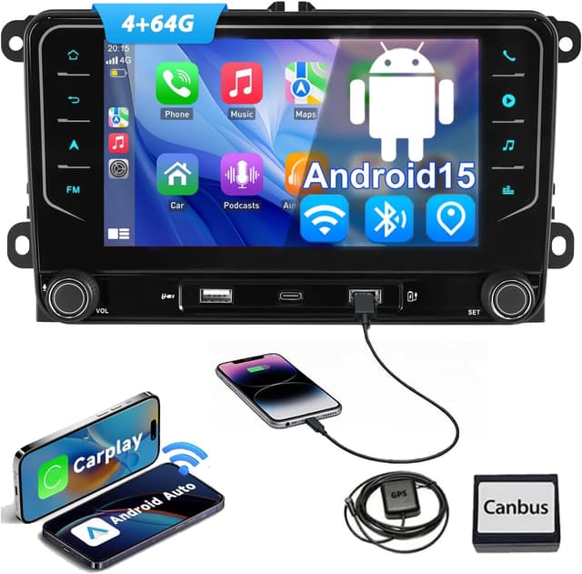 Detalle de ESSGOO 4+64G Android 15 Wireless CarPlay & Android Auto 2-DIN 7-inch Car Stereo for VW Golf, Polo, Caddy & more