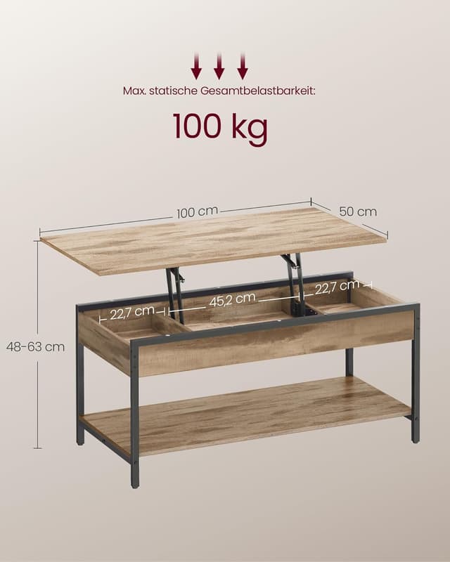 Detalle de VASAGLE höhenverstellbarer Couchtisch LCT261LB02 im Industriestil mit Ablagefächern (50 x 100 cm)