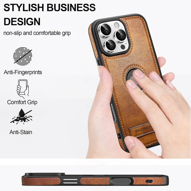 Detalle de KSELF Leather Case for iPhone 16 Pro Max (6.9") with Built-in Invisible Kickstand, Protective Slim TPU + PU Leather, Brown