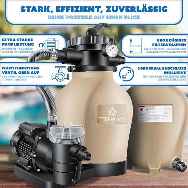Thumbnail 6 de KESSER Sandfilteranlage für Pool bis 60.000 L – 10.200 L/h Pumpe, 400 W, 20-L-Tank, 7-Wege-Ventil