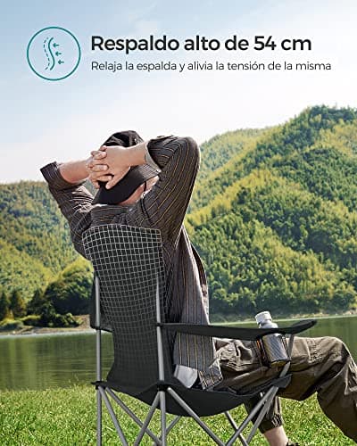 Detalle 2 de SONGMICS GCB08BK: juego de 2 sillas de camping plegables con respaldo alto y apoyabrazos