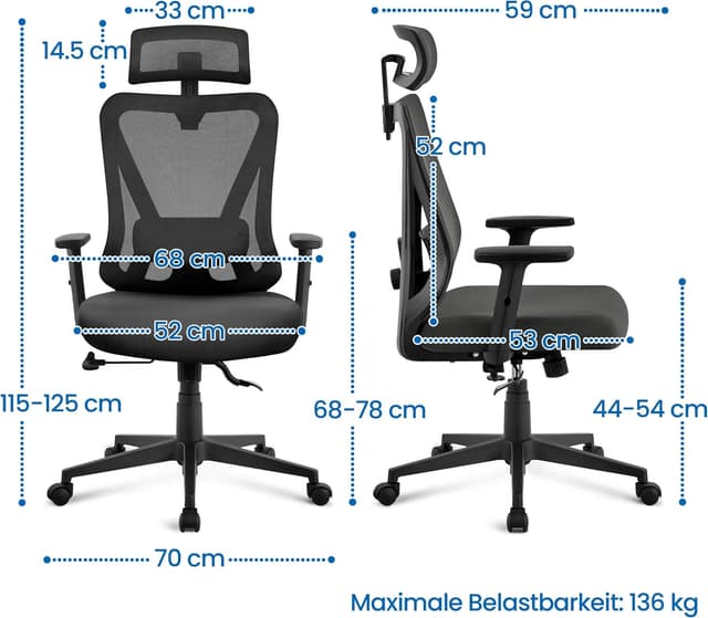 Detalle de Yaheetech Bürostuhl ergonomisch mit verstellbarer Kopfstütze, Armlehnen und 90°–130° Neigung