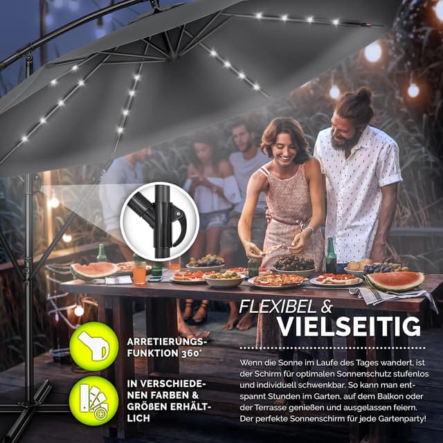 Detalle de tillvex Alu Ampelschirm mit LED-Solar-Abdeckung, Kurbel & Windschutz – große Marktschirm-Schattenspende